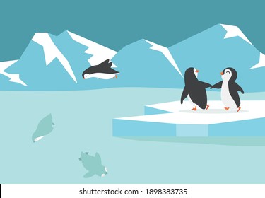 Winter North pole Arctic penguins group  background