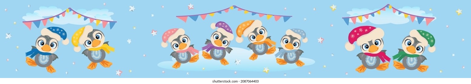 Frontera norte de invierno con pingüinos lindos
