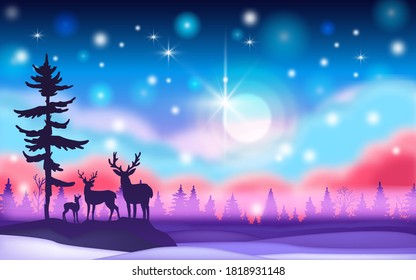 Winter northern landscape with aurora borealis, reindeers silhouette, moon, stars, snow. Wild nature vector background with forest outline, pine trees, night sky, mist. Winter magic holiday landscape 