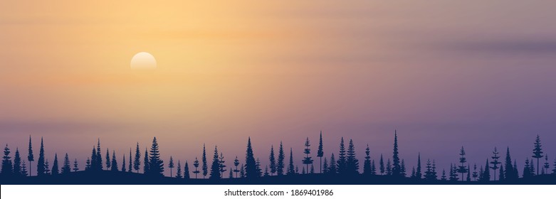 Winter northern landscape. Coniferous forest on the horizon, the sun is setting.