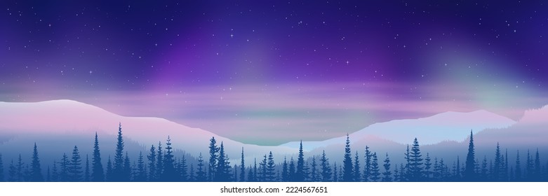 Winter northern landscape, mountains on the horizon and aurora borealis, vector illustration, panoramic view