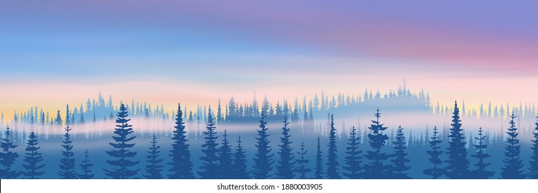 Winter northern landscape. Sunset light, coniferous forest.