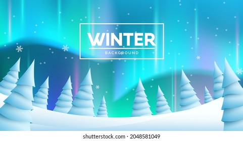 Winter northern lights vector background design. Winter text with aurora borealis and fir trees elements in snowy ice land for cold snow season landscape. Vector illustration.
