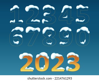 Winterzahlen mit Schneekappen, Schneebällen, Schneeflocken. Dekorationselemente von Weihnachten und Neujahr. Cartoon-Flachdekoration mit Bildern einzeln auf Blau. Vektorgrafik
