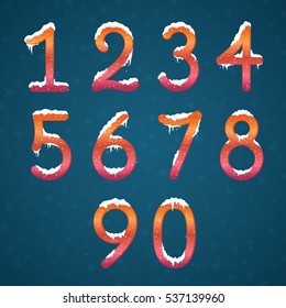 Winter numbers set with snow caps. Frozen New year digits with snowflakes on it kit. Icicles numbers on dark snowy background