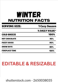 Rótulo de fatos nutricionais de inverno, Informações nutricionais sazonais, Rótulo de nutrição de inverno	