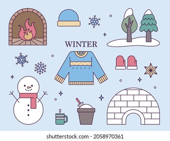 winter object collection. flat design style vector illustration.