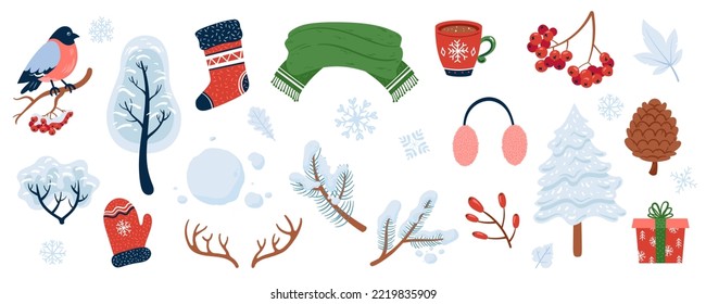 Winter objects collection in cartoon hand drawn style. Winter illustrations set - snowy trees, clothes, snowballs, spruce branches, berries, etc. Decorative elements for your seasonal design.