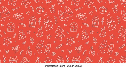 Winter objects on red background. Christmas seamless pattern. Winter doodle background. Ideal for wrapping paper, textiles and holiday decorations. Vector illustration.