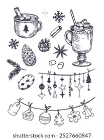 Winter objects set, ,cocoa, hot chocolate, pine cones, engraving, illustration, monochrome vector drawing