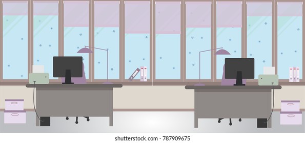 The winter office on a light pink background. Vector illustration. Two tables and two chairs, folders, large windows, protective blinds, boxes
