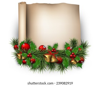 Winter old paper background with fir twigs and red baubles. Golden bells. Christmas vector illustration. Eps10. 