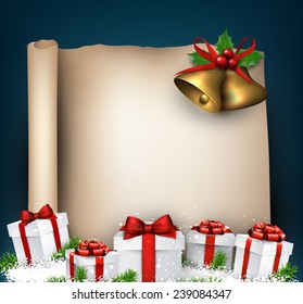 Winter old paper background with fir twigs and red baubles. Golden bells. Christmas vector illustration. Eps10. 