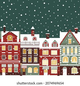 Winter old town, Christmas and New Year holiday vintage vector illustration.