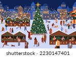 Winter old town with Christmas tree on Europe city square. People shopping at holiday market, Xmas fair on street. Characters outdoors at wintertime, festive urban scene. Flat vector illustration