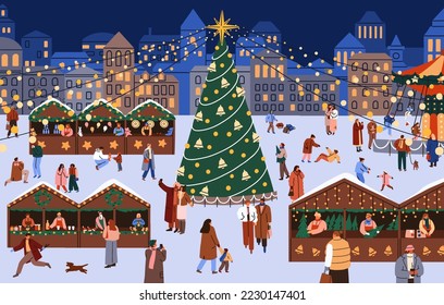 Winter old town with Christmas tree on Europe city square. People shopping at holiday market, Xmas fair on street. Characters outdoors at wintertime, festive urban scene. Flat vector illustration