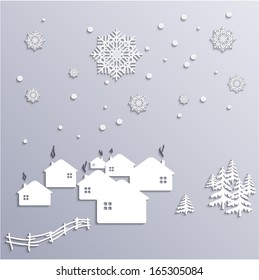 Winter old traditional village. 3D Paper illustration 