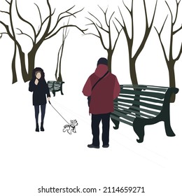 In winter, on the alley in the park. A young girl walking with a small dog. Standing man in a red jacket. City vector flat infographics.