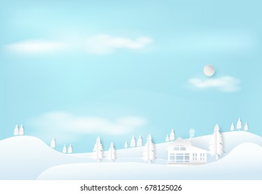Winter on the hill with blue sky landscape nature background. Christmas season paper art style illustration.