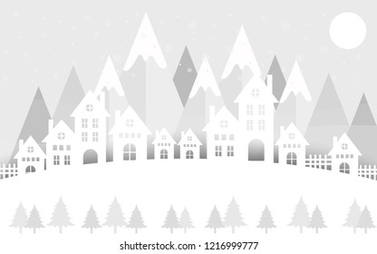 Winter on hill houses and mountain. blue background.