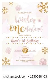 Winter Onederland Birthday Rose Gold and Gold Theme Invitation Card