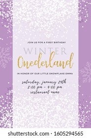 Winter Onederland. First birthday invitation for girl, one year old party. Printable vector template.