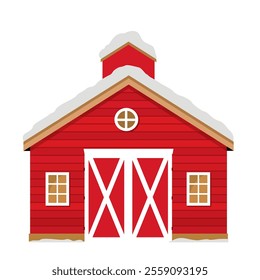 A winter one-story red barn with windows and doors. A red farmhouse with a snow-covered roof. Illustrated vector clipart.