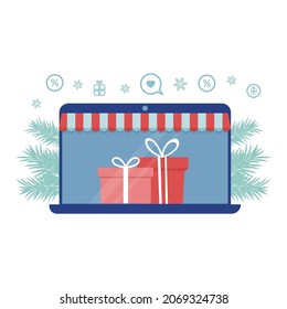 Winter online shopping. Festive Christmas sale. Laptop with gifts on the screen on a white background.
