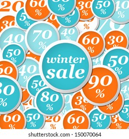 winter orange and blue circle labels with discounts and text