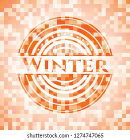 Winter orange mosaic emblem with background