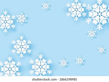 Winter origami snowflake greeting banner with blue background. Vector illustration
