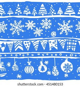 Winter ornament with Christmas tree, flags, snowflakes and Christmas balls. Seamless vector pattern.