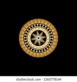Winter ornament from circles and patterns in the form of horns with ice cream, bird's pads, asterisks and a big gold snowflake in the center. Vector illustration.