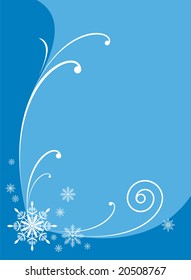 The winter ornament consists of snowflakes and spirals. In the ornament centre there is a big snowflake. The ornament is located on a blue background.