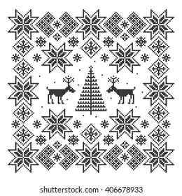 Winter ornament with deers. Cross stitch. Scheme of knitting and embroidery. Vector pattern.