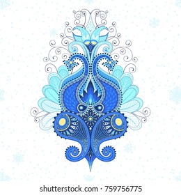 Winter ornament element in Indian style. Paisley pattern in the form of blue bird feathers. Snowflakes on a seamless background