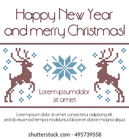 Winter ornament, embroidery. Reindeer, snowflake. Tree, holidays. Winter, New year and Christmas. Image for background, cards, business cards. White