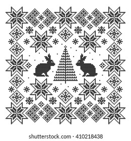 Winter ornament with rabbits. Cross stitch. Scheme of knitting and embroidery. Vector pattern.