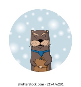 Winter otter manager. Christmas card.