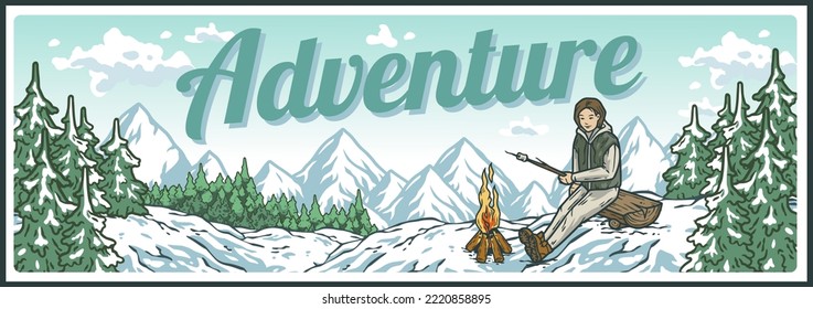 Winter outdoor activities, camping in the forest. Horizontal poster with forest, campfire and mountains