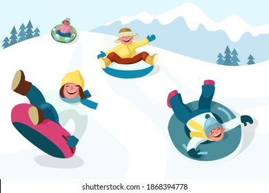 Winter outdoor activities. Cheerful boys and girls slide down the hill on snow tubing. Cartoon vector illustration