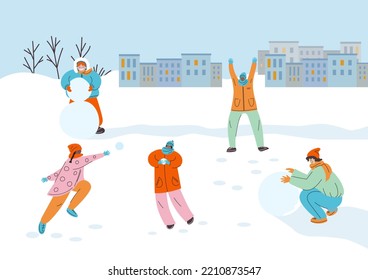 Winter outdoor activities. Children play snowballs. Kids make a snowman. Wintertime fun. Flat cartoon vector illustration. Cute characters
