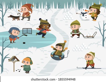 Winter outdoor activities with children and a snowman. In winter, children play snowballs, sled downhill, walk, feed birds, play hockey and skate outdoors. Vector collection.