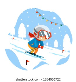 Winter outdoor activities downhill skiing kids vector