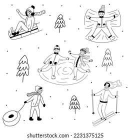 Winter outdoor activities. Girls go skiing and sledding, boy and girl go ice skating, child pulls tubing, boy makes snow angel. Black and white vector isolated illustration hand drawn doodle