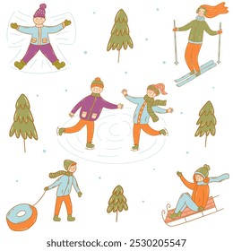 Winter outdoor activities. Girls go skiing and sledding, boy and girl go ice skating, child pulls tubing, boy makes snow angel. Colorful vector isolated illustration hand drawn doodle