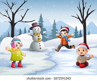 Winter outdoor activities with kids in  and snowman