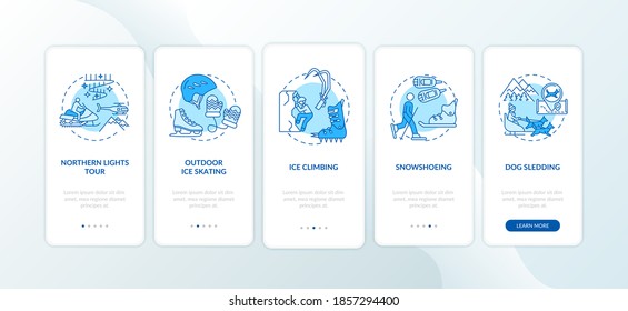 Winter outdoor activities onboarding mobile app page screen with concepts. Aurora borealis tour, ice climbing walkthrough 5 steps graphic instructions. UI vector template with RGB color illustrations