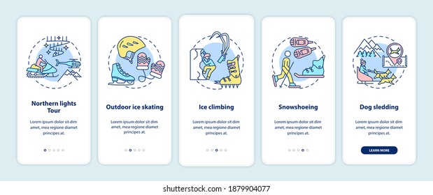 Winter outdoor activities onboarding mobile app page screen with concepts. Northern light tour, ice climbing walkthrough 5 steps graphic instructions. UI vector template with RGB color illustrations