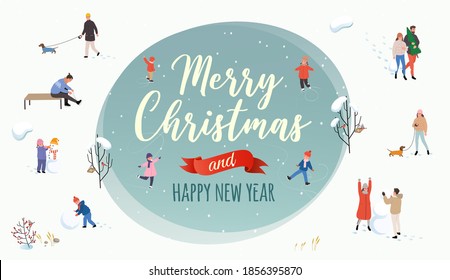 Winter outdoor activities. Winter park with active people, which ice skating, playing snowballs, making snowman. Vector illustration with the congratulation of the Merry Christmas and happy new year.